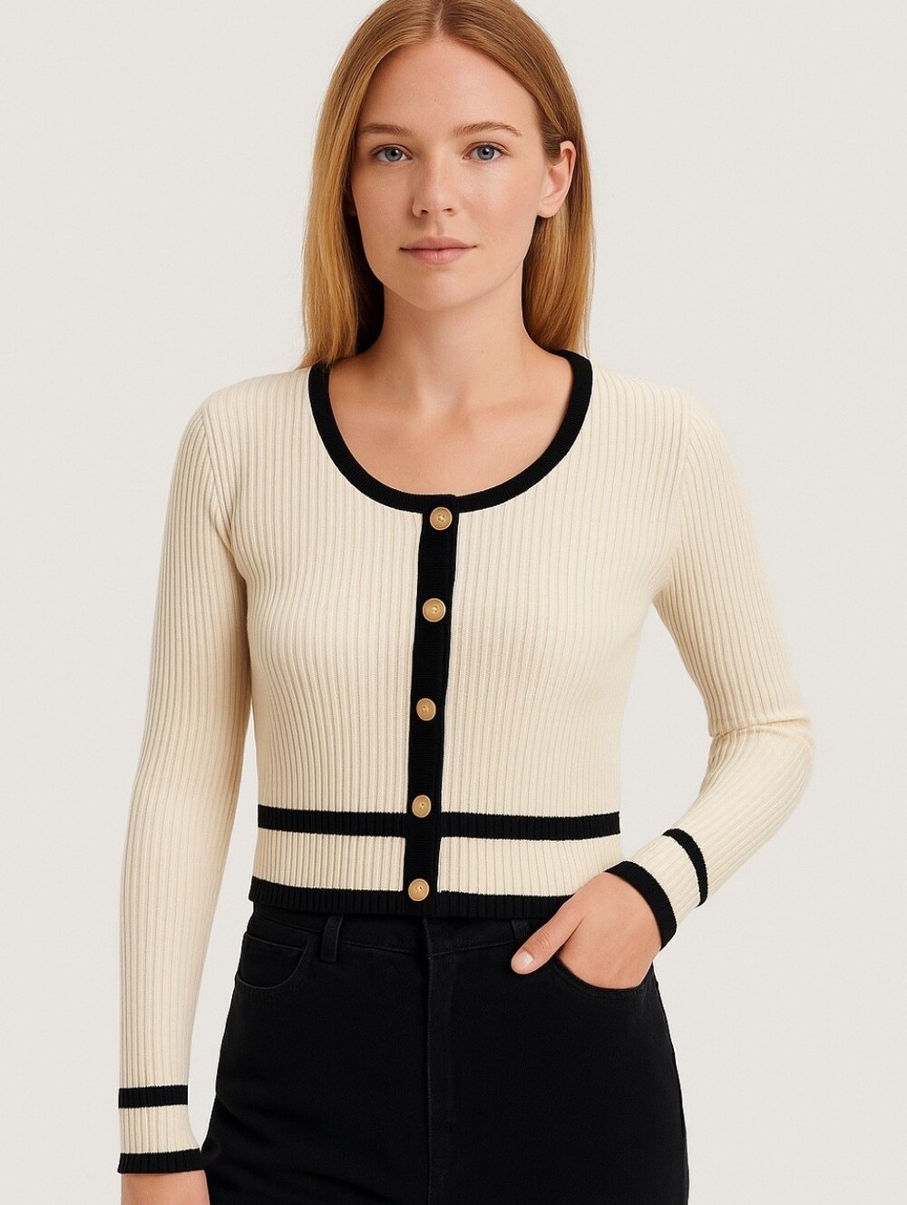 Commense NWT Cream Black Trim Cardigan Sweater Gold Anchor Buttons Size M